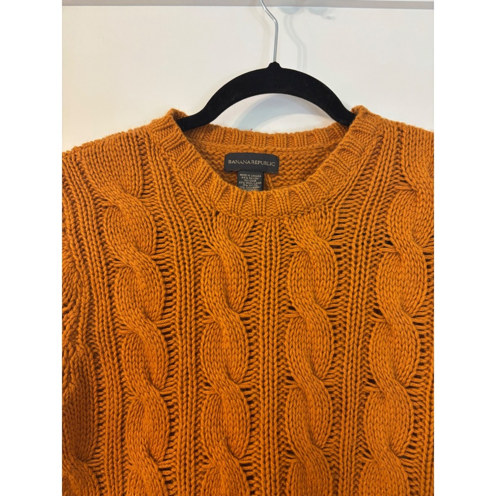Banana Republic Mustard Orange Cable Knit Cashmere Wool Blend SS Sweater M Chic - Picture 2 of 9